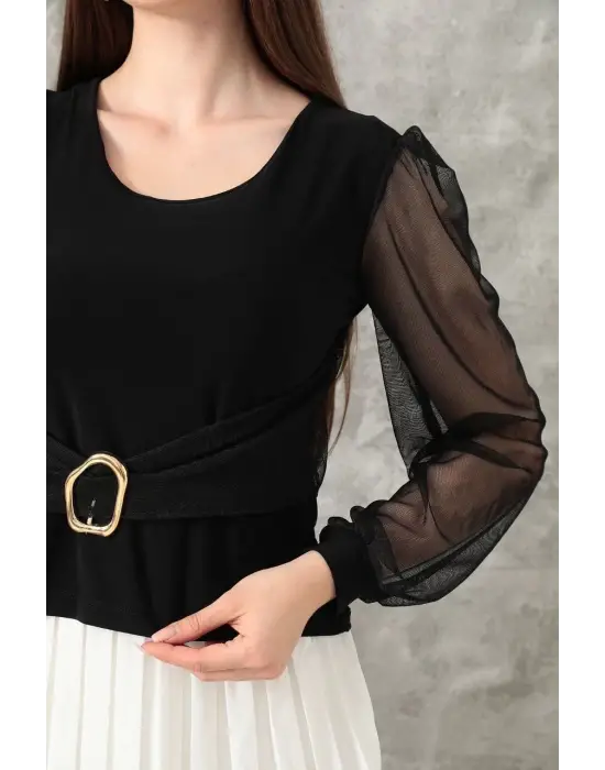 Tokalı tül kollu bluz siyah t4071