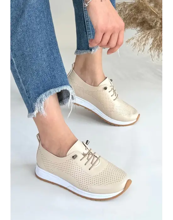 Sportif Bej Cilt Bağcıklı Ayakkabı