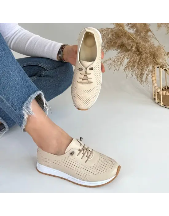 Sportif Bej Cilt Bağcıklı Ayakkabı