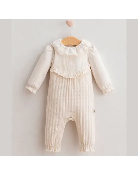 Omarı Yumuşak Çiçek Desenli Bebek Salopet - Ekru