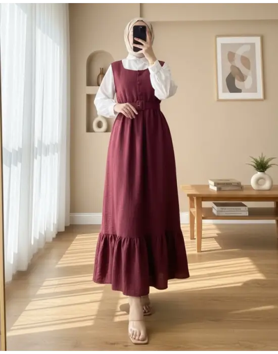 Top Düğmeli Altı Fırfırlı Beli Kemerli  Jile Elbise -Bordo