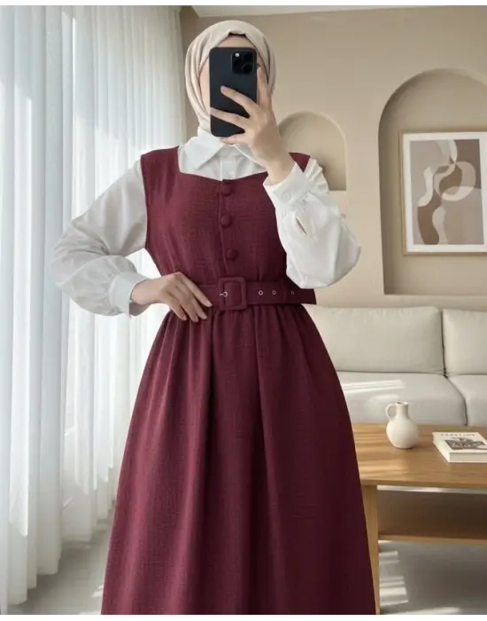 Top Düğmeli Altı Fırfırlı Beli Kemerli  Jile Elbise -Bordo