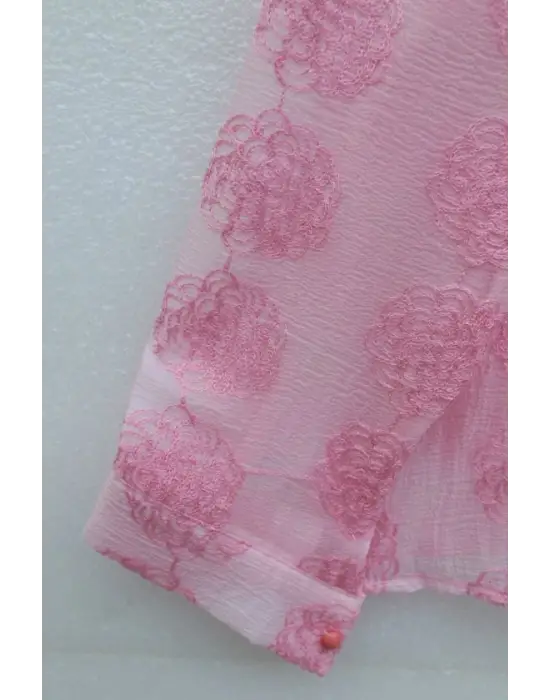 Top Düğmeli Yakası Dantelli Desenli Jakar Gömlek -Pembe