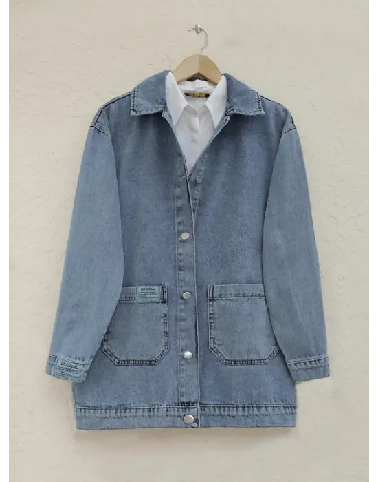 Torba Cepli Düğmeli Kot Ceket -Mavi