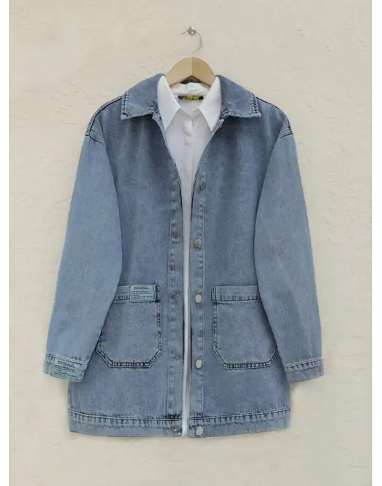 Torba Cepli Düğmeli Kot Ceket -Mavi