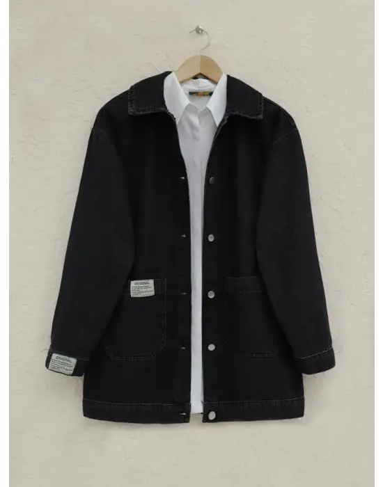 Torba Cepli Düğmeli Kot Ceket -Siyah