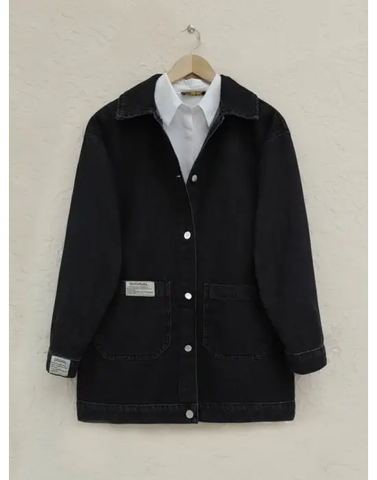 Torba Cepli Düğmeli Kot Ceket -Siyah