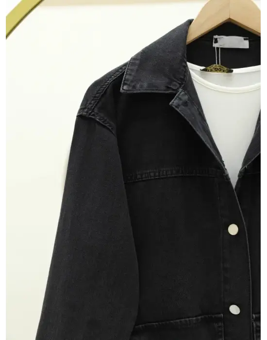 Torba Cepli Oval Kesim Kot Gömlek Ceket -Siyah