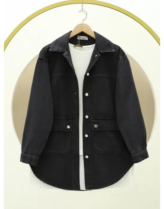 Torba Cepli Oval Kesim Kot Gömlek Ceket -Siyah