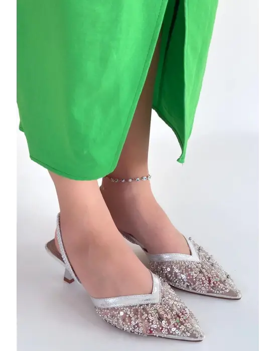 Toyi Gümüş Saten Topuklu Ayakkabı