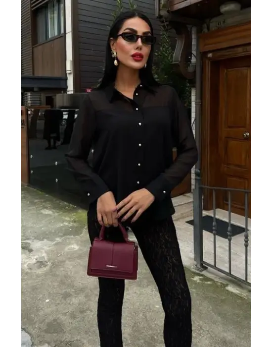 Omarı Şeffaf Detaylı Dökümlü Bluz