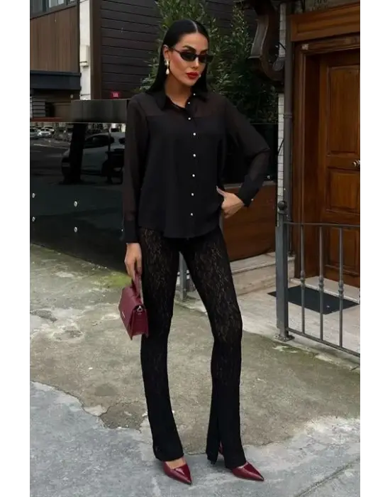 Omarı Şeffaf Detaylı Dökümlü Bluz