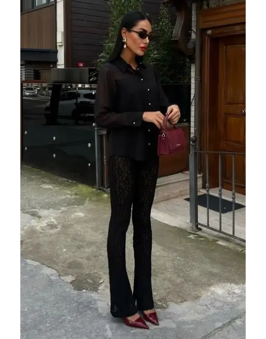 Omarı Şeffaf Detaylı Dökümlü Bluz