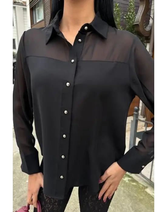 Omarı Şeffaf Detaylı Dökümlü Bluz