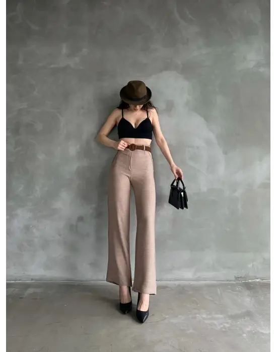 Omarı Keten Pantolon Beli Kemerli - Kahve Renkli