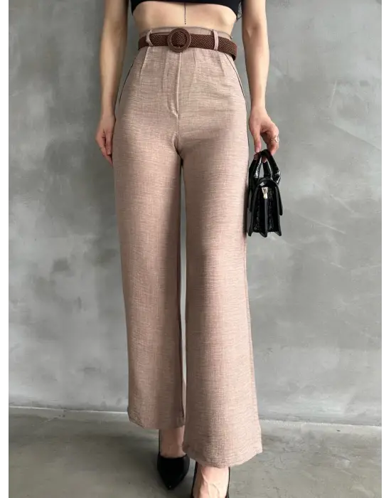 Omarı Keten Pantolon Beli Kemerli - Kahve Renkli