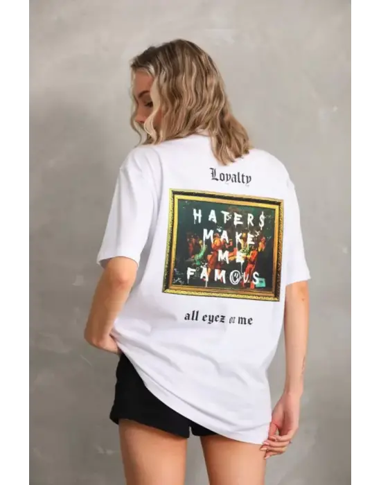 Omarı Modern Baskılı Oversize T-Shirt - Beyaz