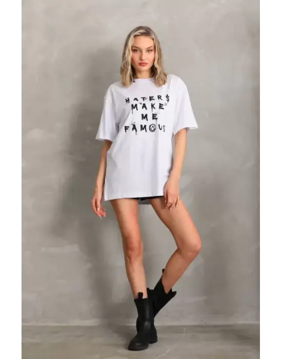 Omarı Modern Baskılı Oversize T-Shirt - Beyaz