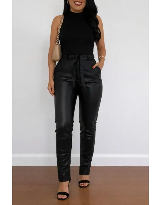 Trend Yüksek Bel Kuşaklı Deri Pantolon
