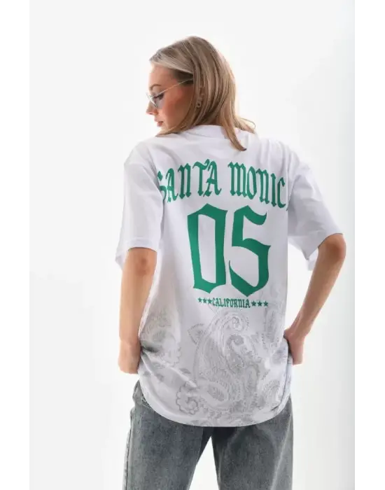 Omarı Beyaz Oversize Baskılı T-Shirt