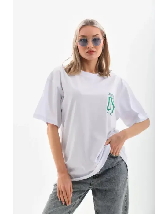 Omarı Beyaz Oversize Baskılı T-Shirt