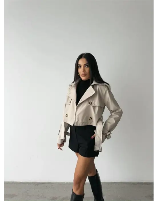 Omarı Taş Rengi Kemer Detaylı Crop Trench