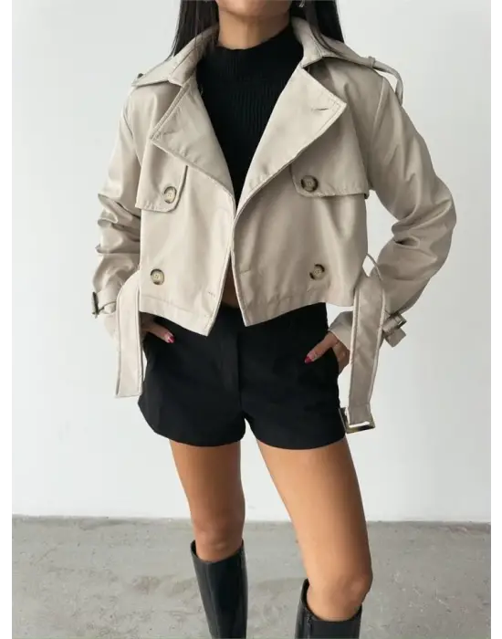 Omarı Taş Rengi Kemer Detaylı Crop Trench