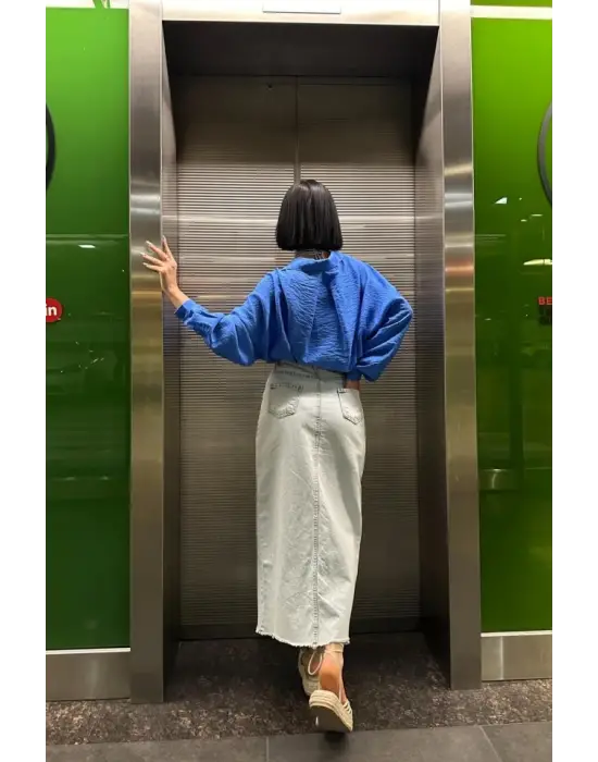 Omarı Yırtmaçlı Kot Etek - Kar Yıkama Özellikli