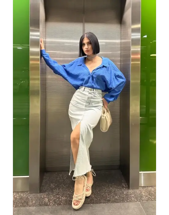 Omarı Yırtmaçlı Kot Etek - Kar Yıkama Özellikli