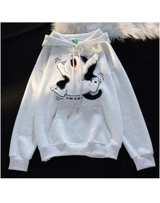 Omarı Oversize Peluş Baskılı Beyaz Sweatshirt