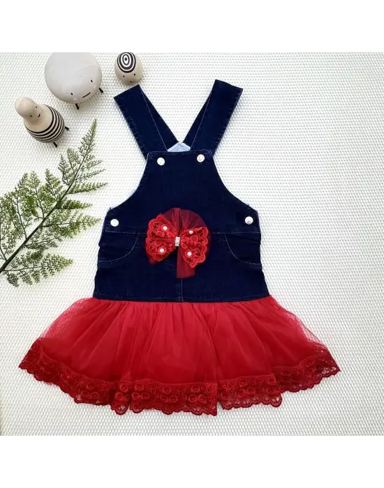 Omarı Renkli Tül Etekli Fiyonk Detaylı Çocuk Elbisesi