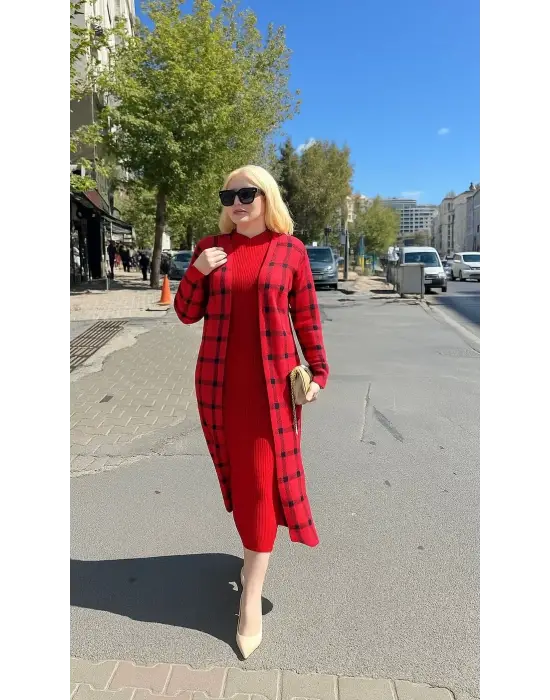 Triko Hırka elbise ikili takım kırmızı