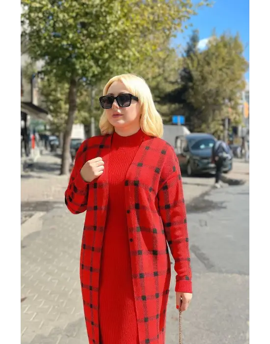 Triko Hırka elbise ikili takım kırmızı