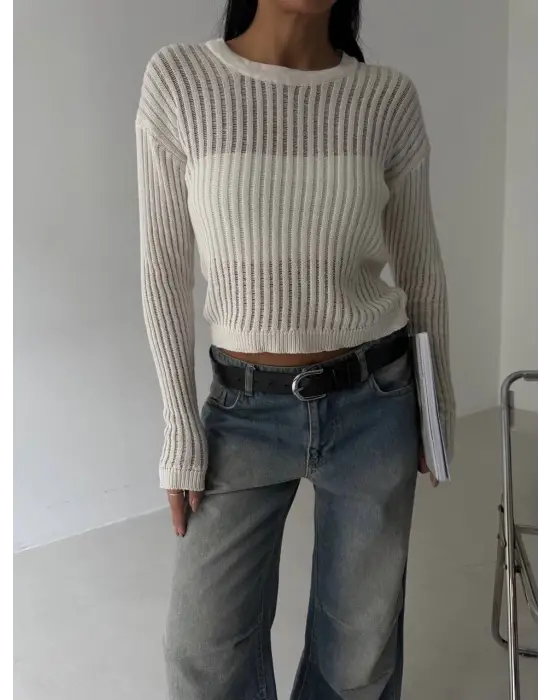 Triko transparent bluz beyaz