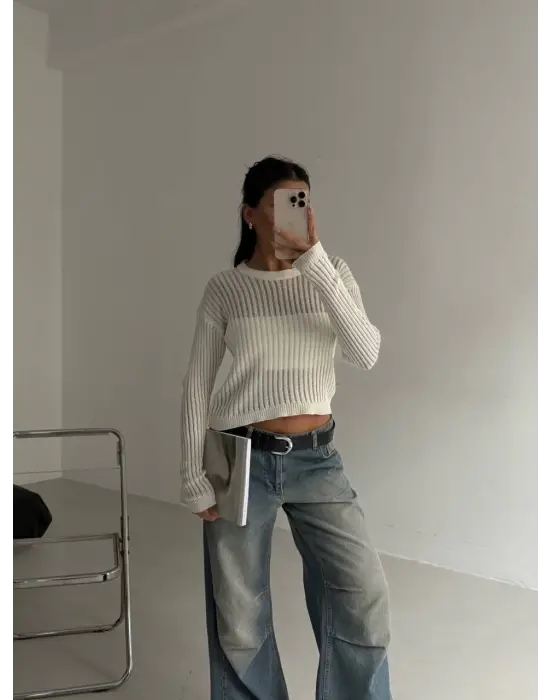 Triko transparent bluz beyaz