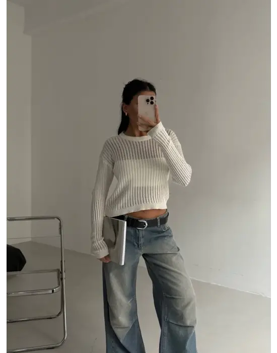 Triko transparent bluz beyaz