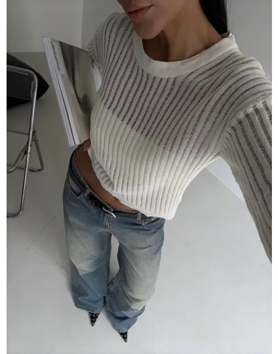 Triko transparent bluz beyaz