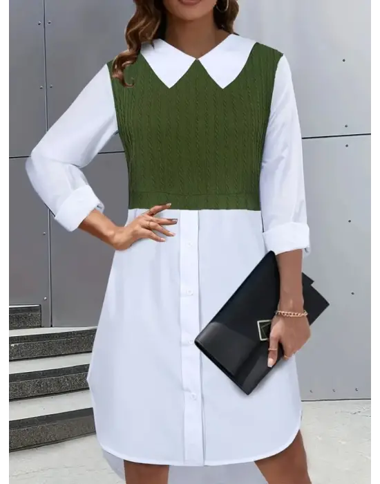 Omarı Şık ve Rahat Kadın Elbisesi - Uzun Kollu, Gömlek Yaka, Çift Renkli