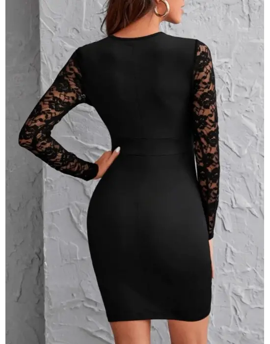 Omarı Zarif Ve Şık Tül Detaylı Uzun Kollu Elbise