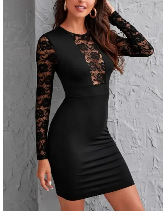 Omarı Zarif Ve Şık Tül Detaylı Uzun Kollu Elbise