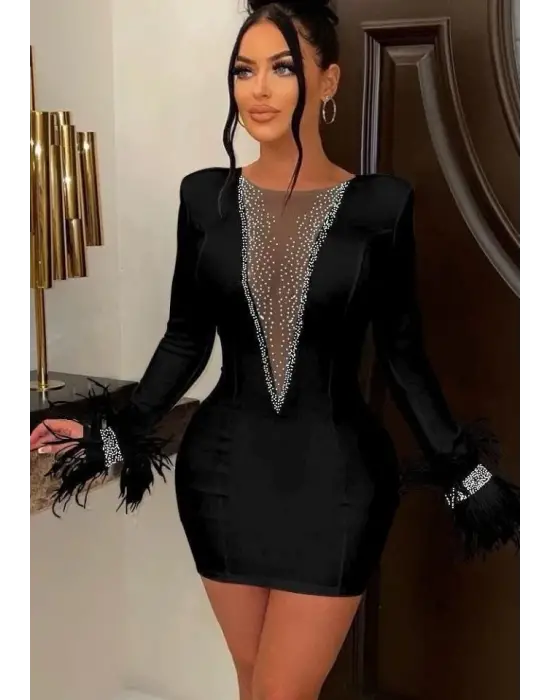 Omarı Tül Detaylı Tüylü Mini Elbise