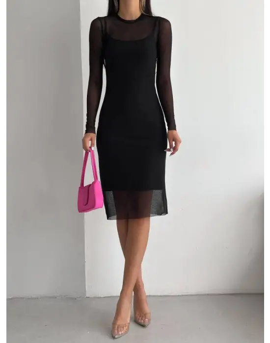 Tül Elbise Atlet  Takım -Siyah