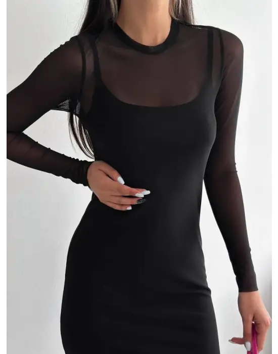 Tül Elbise Atlet  Takım -Siyah