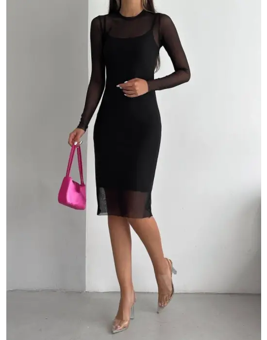 Siyah Tül Elbise Atlet Takım Kadın Giyim