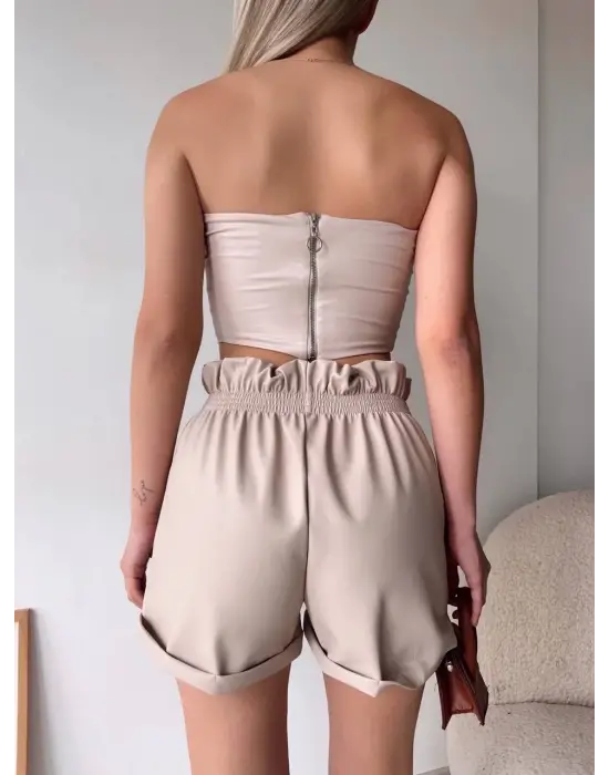 Omarı Tüllü Crop Üst Bej Renkli