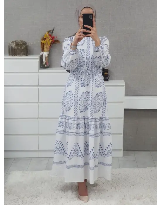 Tünel Bağcıklı Uzun Elbise -Beyaz