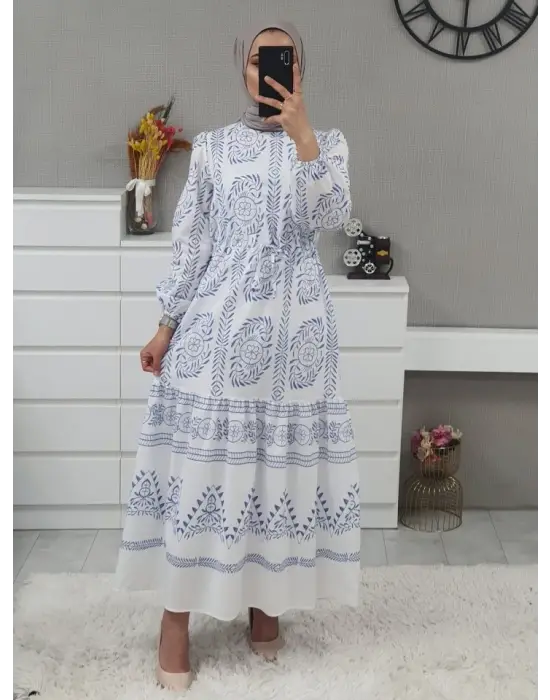 Tünel Bağcıklı Uzun Elbise -Beyaz