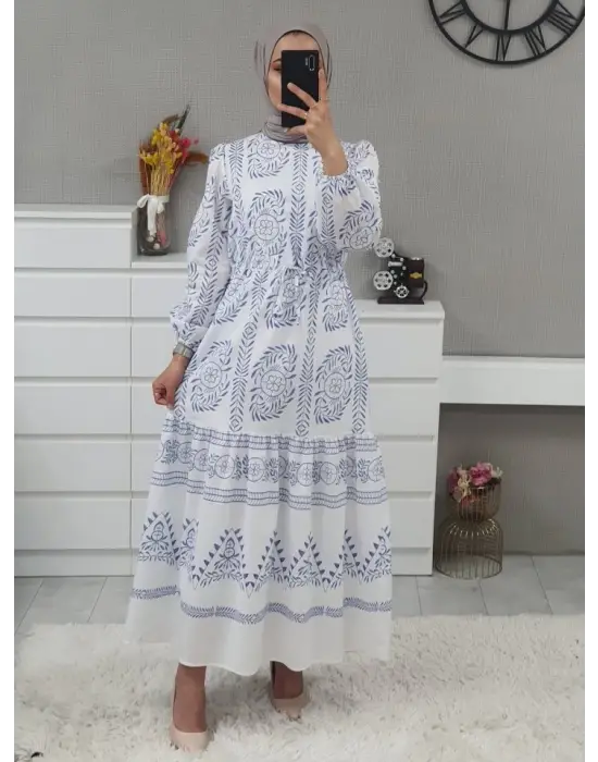 Omarı Zarif Tünel Bağcıklı Beyaz Elbise