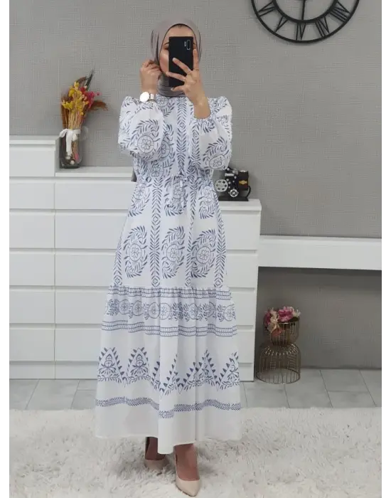 Tünel Bağcıklı Uzun Elbise -Beyaz