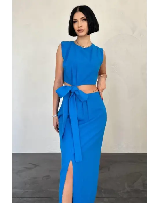 Omarı Şık Turkuaz Kuşaklı Crop Ve Etek Takımı